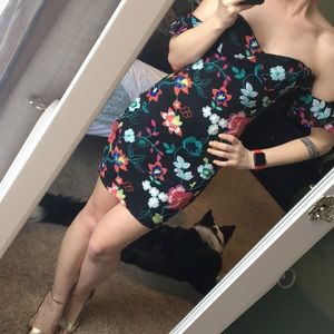 NWOT black lace dress with floral embroidery